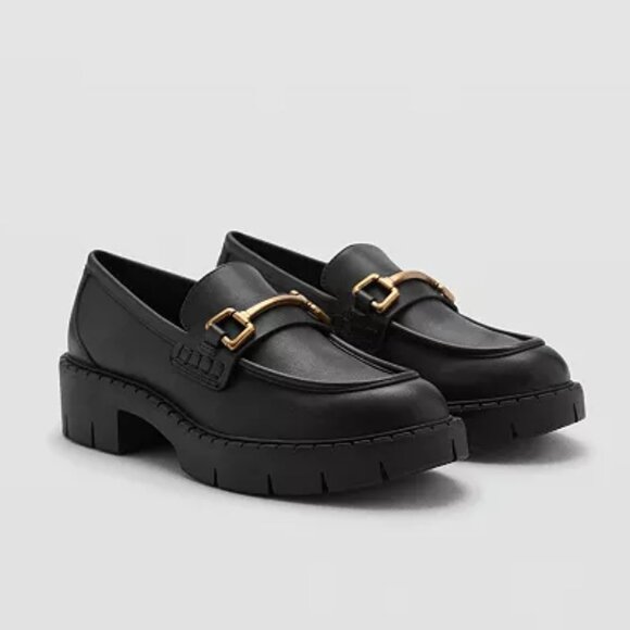 Mango Black Leather Loafers with Gold Buckle Hardware - size 8 - Picture 1 of 9